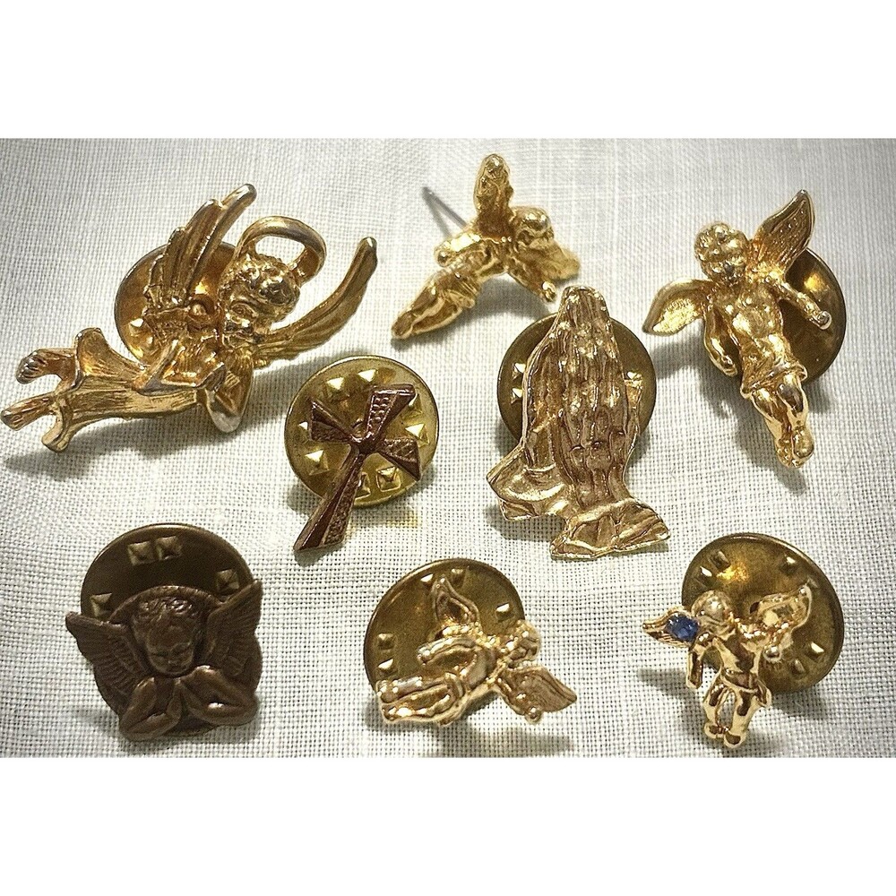 Vintage Angel Lapel Pins Lot Gold Tone Religious Cherub Cross Praying Hands